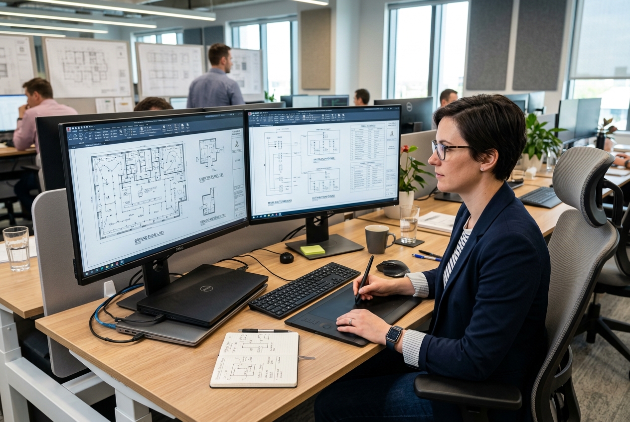 Engineer at dual-monitor workstation reviewing commercial electrical CAD drawings
