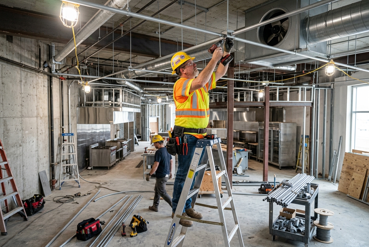 Licensed electrician in hard hat running conduit along the ceiling of a commercial kitchen under construction