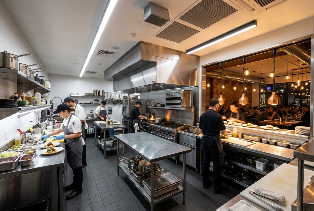 Bright modern commercial restaurant kitchen with professional LED lighting throughout