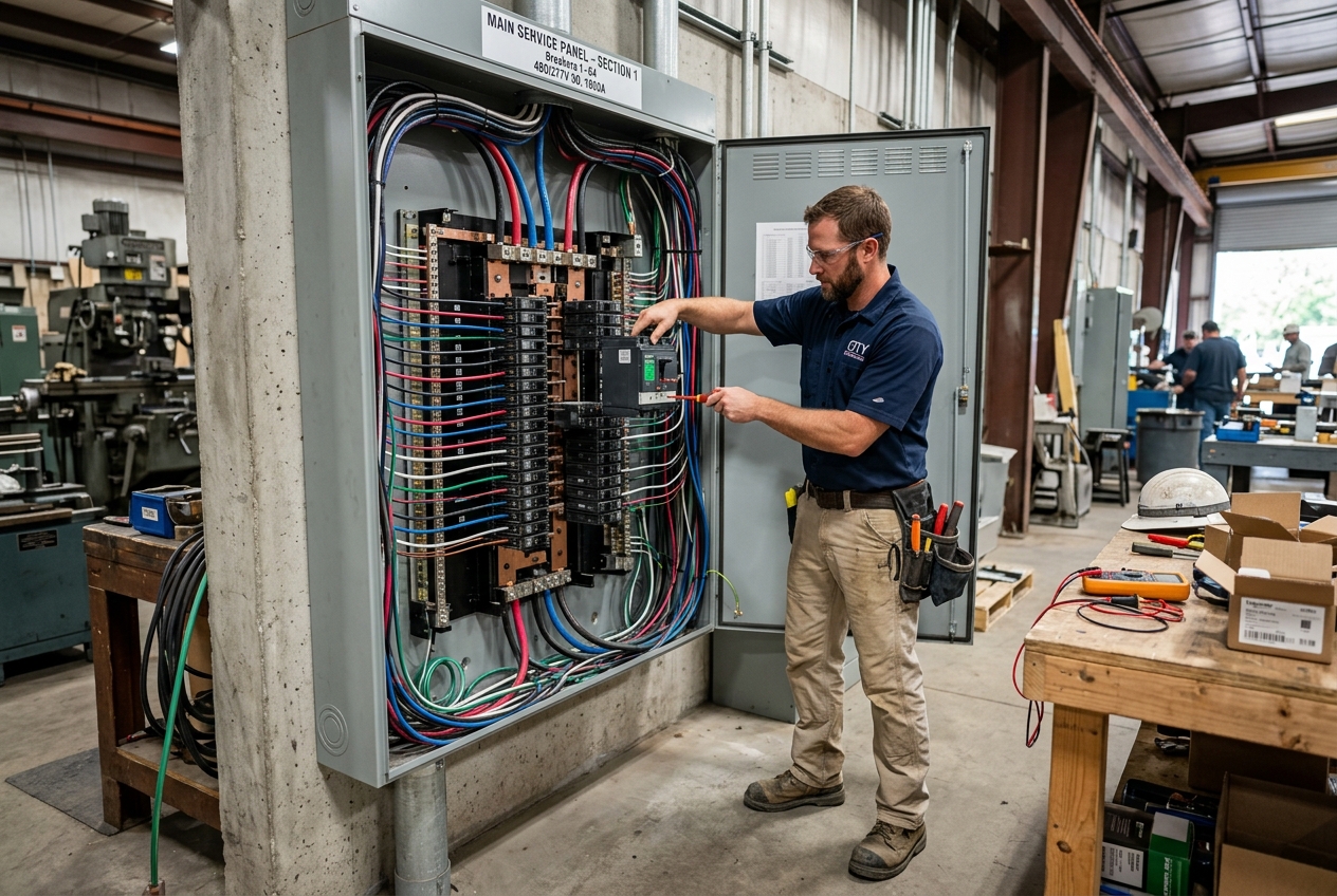 Electrician upgrading a large commercial electrical service panel