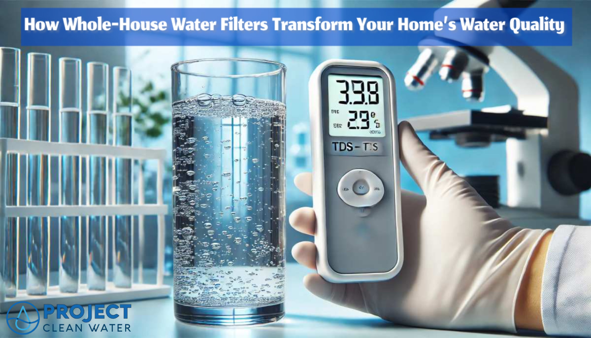 A gloved hand holds a digital TDS meter next to a glass of water in a laboratory setting, with text about whole-house water filters and the "Project Clean Water" logo